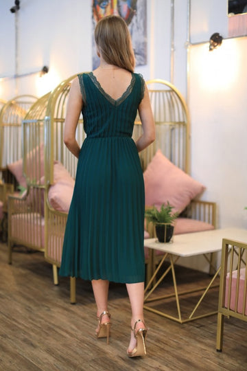 Dark Green Sleeveless Lace Trim Wrap Front Pleated Chiffon Midi Dress Double Second